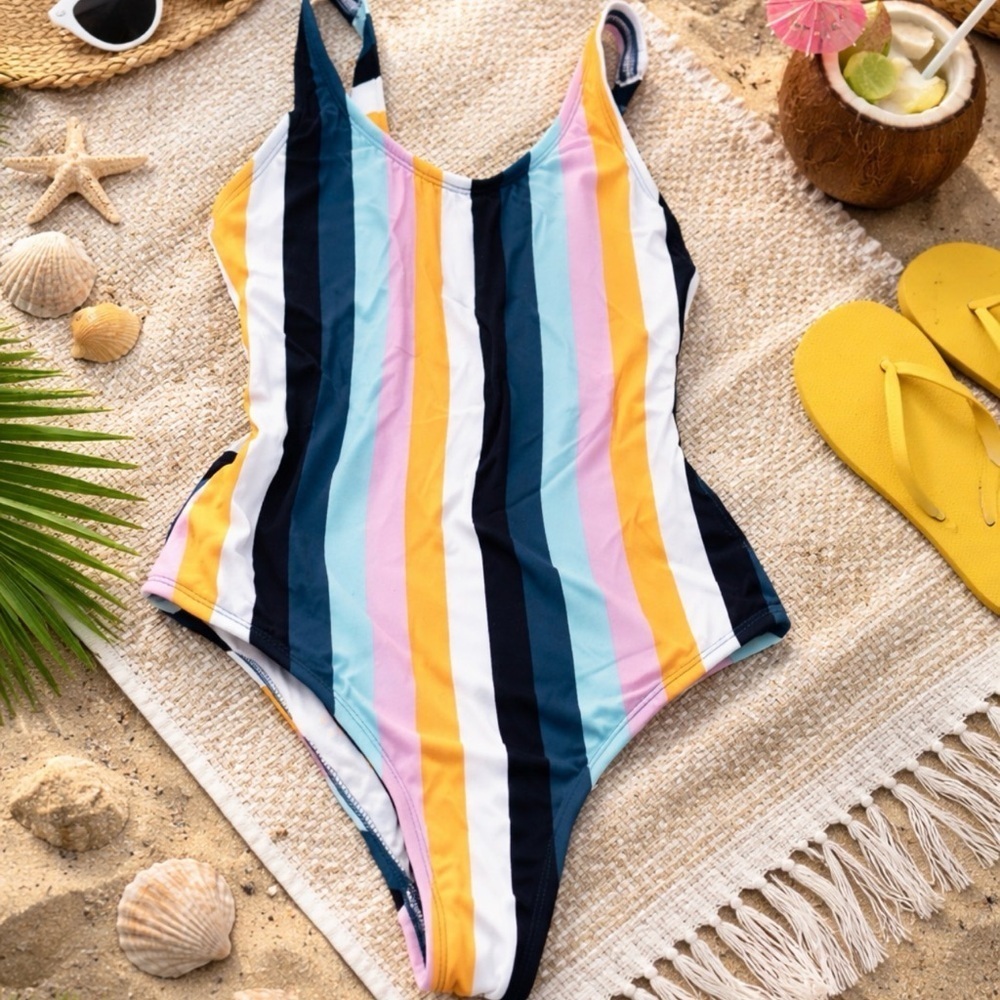 Kona Sol Multicolor Striped Teen One Piece Swimsuit size XS